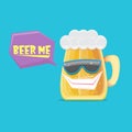 Vector cartoon funky beer glass character with sunglasses isolated on blue background. Vector funny beer label or poster