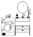 Vector design set of washer, wash basin with crates and mirror