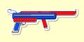 Vector cartoon blaster sticker. Isolated colorful toy gun with white contour. Futuristic weapon design