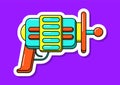 Vector cartoon blaster sticker. Isolated colorful toy gun with white contour. Futuristic weapon design