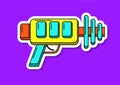 Vector cartoon blaster sticker. Isolated colorful toy gun with white contour. Futuristic weapon design