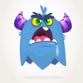 Vector cartoon of an blue fat and fluffy Halloween monster screaming with wide opened mouth. Isolated.