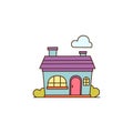 Vector cartoon blue house with big window and two flues icon. Vector small house with purple roof and cloud in the sky Royalty Free Stock Photo