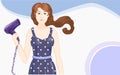 Vector cartoon blue and ultra violet background - girl blows hai