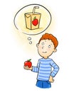 Young boy holds an apple and thinking about apple juice. Concept of inspired person who wants to start making products.