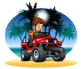 Vector cartoon boy driving 4x4 car on the beach Royalty Free Stock Photo