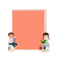 Vector cartoon boy and girl sitting on stack of books and reading books with cover book background Royalty Free Stock Photo