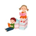 Vector cartoon boy and girl sitting on stack of books and reading books. Kids enjoying reading books