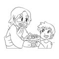 A vector cartoon of a boy giving a basket of fish and bread to Jesus as told from the Bible. Coloring page. Royalty Free Stock Photo