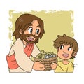 A vector cartoon of a boy giving a basket of fish and bread to Jesus as told from the Bible. Royalty Free Stock Photo