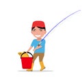 Vector cartoon boy going fishing rod bucket fish Royalty Free Stock Photo