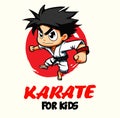 Vector Cartoon Boy in karate discipline. Martial arts school for childrens. Baby Karate logo. Strong kids concept