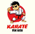 Vector Cartoon Boy in karate discipline. Martial arts school for childrens. Baby Karate logo. Strong kids concept