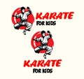 Vector Cartoon Boy in karate discipline. Martial arts school for childrens. Baby Karate logo. Strong kids concept