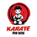 Vector Cartoon Boy in karate discipline. Martial arts school for childrens. Baby Karate logo. Strong kids concept