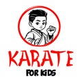 Vector Cartoon Boy in karate discipline. Martial arts school for childrens. Baby Karate logo. Strong kids concept