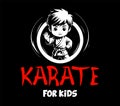 Vector Cartoon Boy in karate discipline. Martial arts school for childrens. Baby Karate logo. Strong kids concept