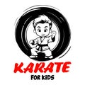 Vector Cartoon Boy in karate discipline. Martial arts school for childrens. Baby Karate logo. Strong kids concept