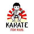 Vector Cartoon Boy in karate discipline. Martial arts school for childrens. Baby Karate logo. Strong kids concept