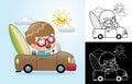 Vector cartoon of a boy riding car carrying surfboard at summer holiday Royalty Free Stock Photo