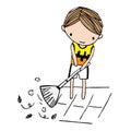 Vector of cartoon boy sweeping leaves on floor Royalty Free Stock Photo