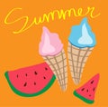 Vector cartoon bright funny ice cream cones and watermelon slices Royalty Free Stock Photo