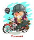 Funny cool biker on a motorcycle with a glass of beer