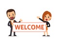 Vector cartoon business people holding welcome sign Royalty Free Stock Photo