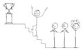 Vector Cartoon of Businessman Climbing Up the Stairs to for the Winner`s Trophy, Business Team is Applauding