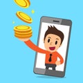 Vector cartoon businessman and smartphone earning money