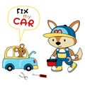 Cartoon of funny fox repairing car Royalty Free Stock Photo