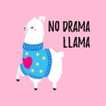 Vector cartoon card. Cute poster with funny llama in sweater. Doodle illustration. Template, background for print