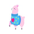 Vector cartoon card. Cute poster with funny llama in sweater. Doodle illustration. Template, background for print