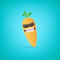 vector funny cartoon carrot character with sunglasses isolated on azure background. funky smiling summer vegetable