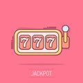 Vector cartoon casino slot machine icon in comic style. 777 jackpot sign illustration pictogram. Casino winner business splash Royalty Free Stock Photo