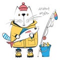Vector cat fisherman and his catch Royalty Free Stock Photo