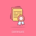 Vector cartoon certificate icon in comic style. Diploma sign illustration pictogram. Certificate document business splash effect