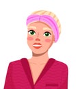 Avatar of young blonde smiling woman, beauty blogger wearing pink headband and red bathrobe