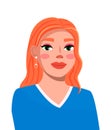 Avatar of young red-haired smiling woman with lipstick and light makeup, earrings in blue shirt