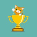 Vector cartoon character cute tabby cat with gold trophy cup award