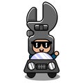 Mechanical tool spanner mascot costume driving a car