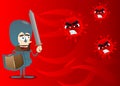 Vector cartoon character illustration of a soldier in armor with sword fighting a group of contagious pathogen