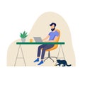 Vector Cartoon Character Man Working Remotely, Home, Freelance or Remote Job, Flat Design, Man with Laptop on His Table Royalty Free Stock Photo