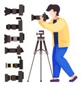 Vector cartoon character, photographer with reflex camera, set of digital cameras with removable lens Royalty Free Stock Photo