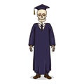 Vector Cartoon Skeleton in Dark Blue Graduation Gown and Academic Hat