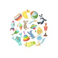 Vector cartoon children toys in circle shape illustration