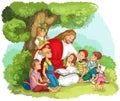 Jesus reading the Bible with Children. Vector cartoon christian illustration