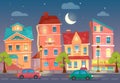 Vector cartoon City street at Night. Street lights in the night. Cars on a road. Royalty Free Stock Photo