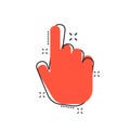 Vector cartoon click hand icon in comic style. Cursor finger sign illustration pictogram. Pointer business splash effect concept. Royalty Free Stock Photo