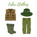 Vector cartoon clothing for fishing, hunting. Boots, waders, vest and hat